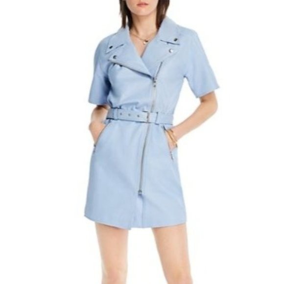 LINI Blue Margeaux Belted Asymmetric Full-Zip Leather Mini Dress NWT - Picture 3 of 6